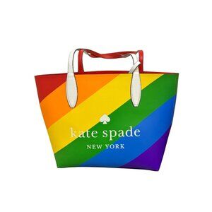 Kate Spade New York Rainbow Striped Leather Tote Bag With Red & White Handles